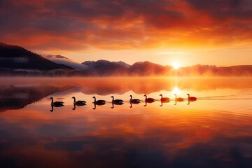 Naklejka premium Wild geese departing a misty lake at sunrise, vibrant water, wide shot, graceful formation, natural harmony, serene reflection, morning awakening,