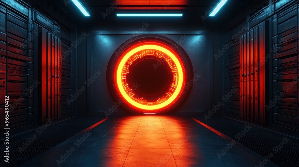 Poster futuristic time machine with glowing portals and spinning mechanisms - in quality