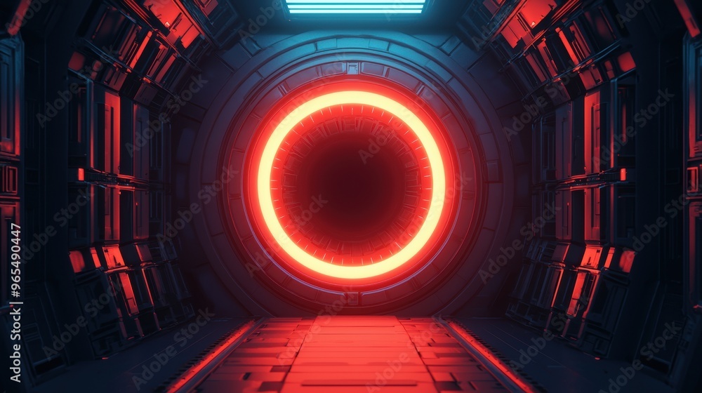Poster Futuristic Time Machine Concept with Glowing Portals and Spinning Mechanisms in
