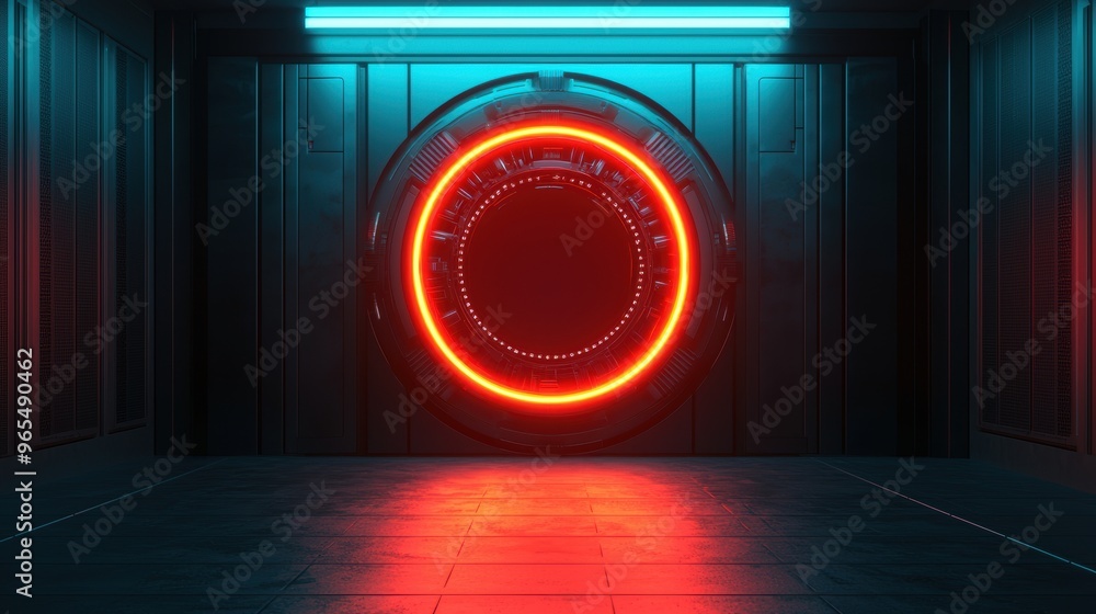 Poster futuristic time machine with glowing portals and spinning mechanisms in