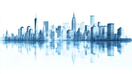 Obraz premium White background, New York City skyline, blue and white color theme, transparent glass buildings, 