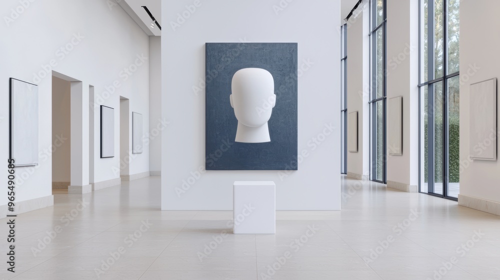 Poster futuristic renderings of abstract sculptures in a modern art gallery with ray tracing technology