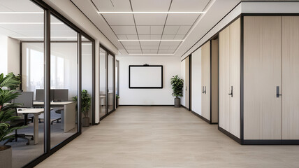 Fototapeta premium Hybrid office space with flexible workstations, video conferenci