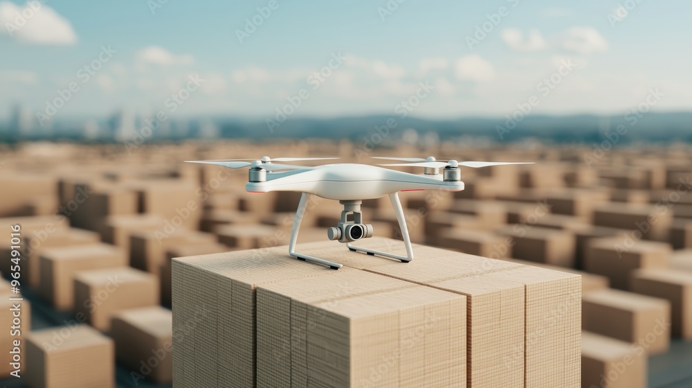 Poster futuristic drone delivery service in urban environment - model of high-tech logistics with ray traci
