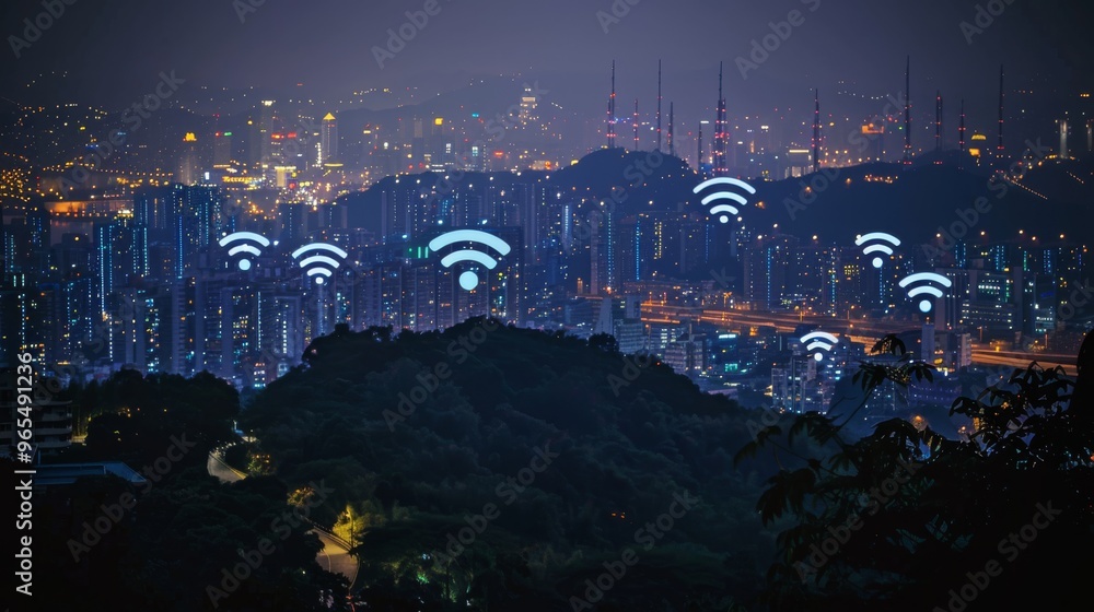Poster night view of a city with illuminated wireless connection signals