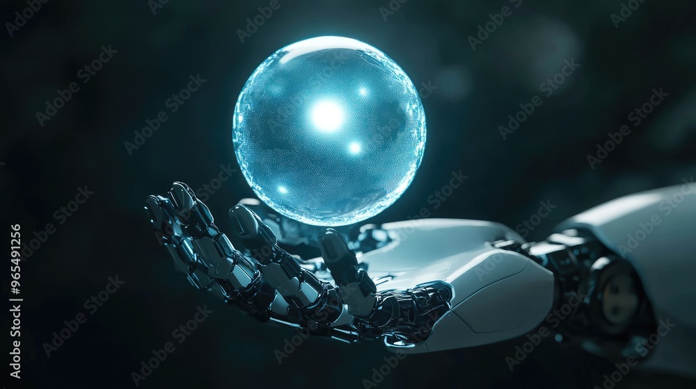 Poster a floating ai digital sphere in the hand of a robotic figure, illuminated with futuristic blue and w