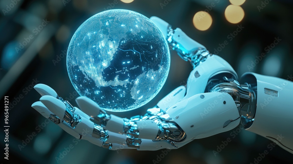 Poster a floating ai digital sphere in the hand of a robotic figure, illuminated with futuristic blue and w