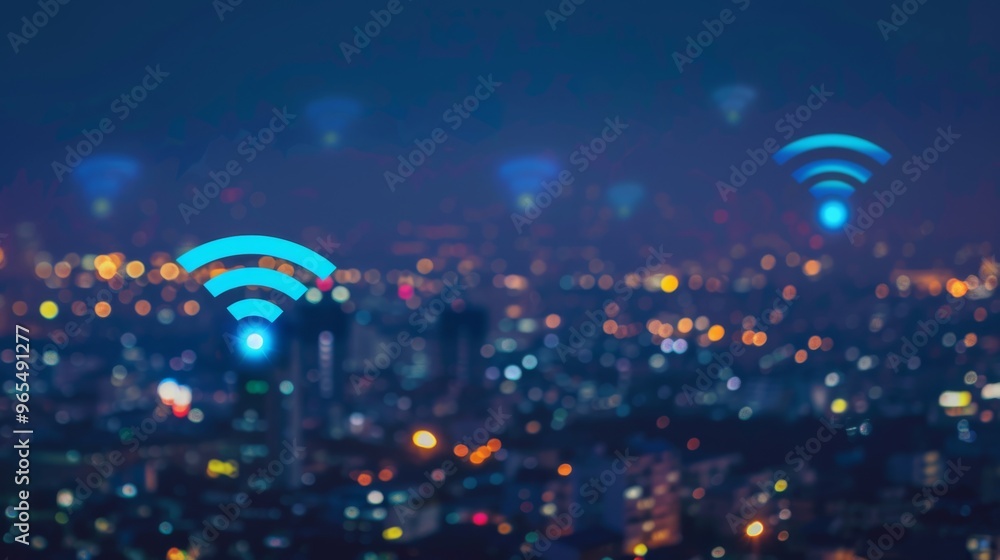 Aufkleber night view of a city with illuminated wireless connection signals