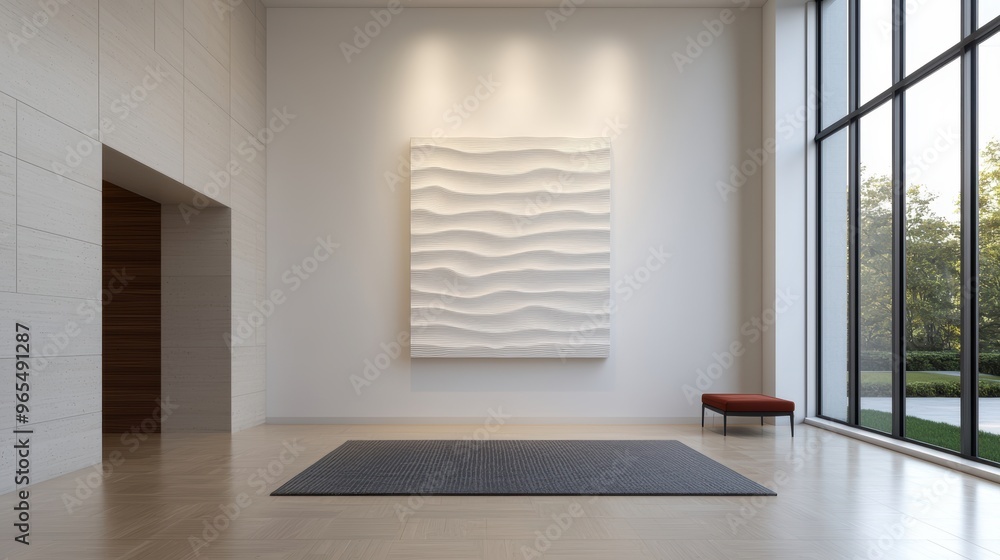 Poster futuristic abstract art installation in gallery space with ray tracing effects
