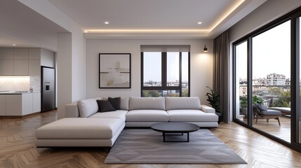 Fototapeta premium Sophisticated Luxury Apartment with Modern Decor, Ray Tracing, and Abundant Natural Light in