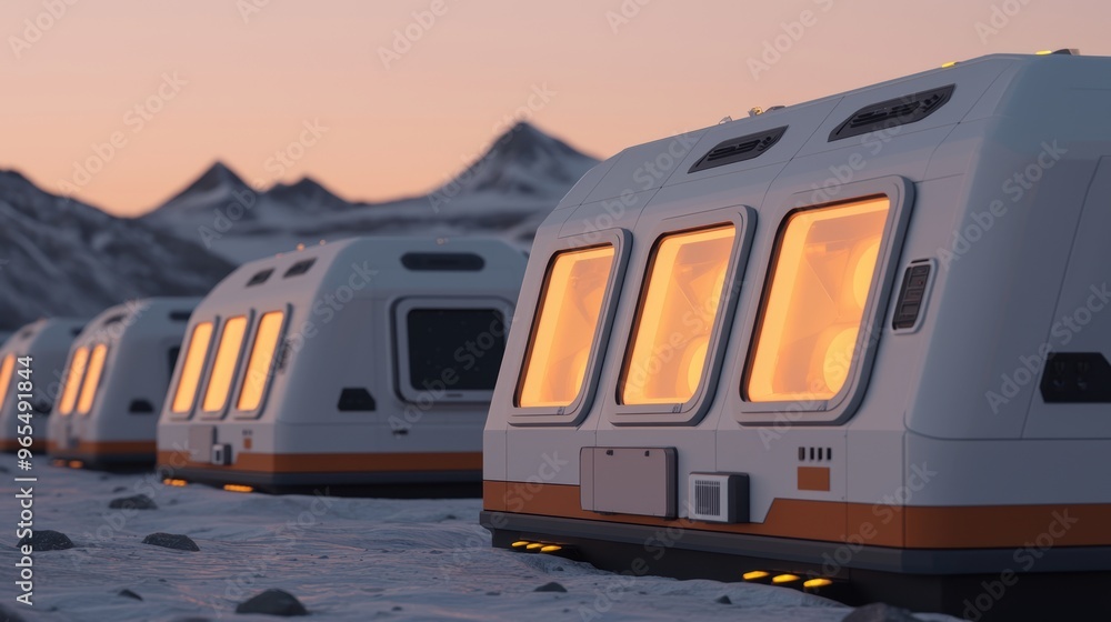 Poster futuristic space colony interconnected modules on distant planet