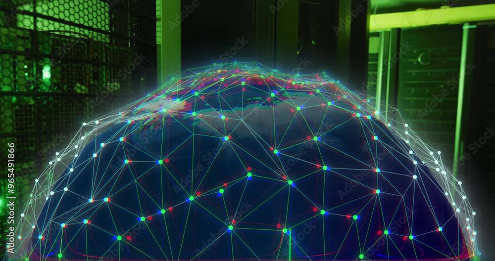 Poster animation of digital data processing with globe over computer servers