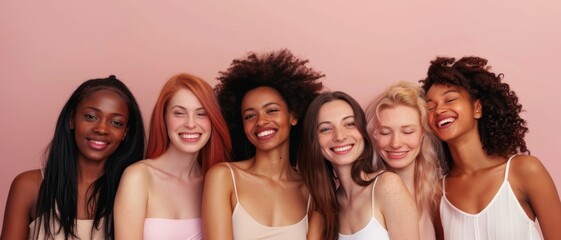 Obraz premium A diverse group of six women stand together, smiling and radiating joy and unity against a light pink background, celebrating friendship and diversity.