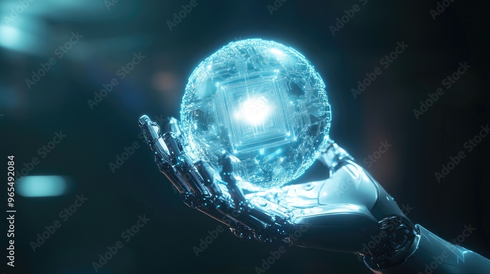 Poster a glowing ai digital sphere hovering in a robotic hand, surrounded by blue and white light, symboliz