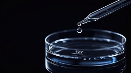 A glass pipette releasing a droplet of liquid into a petri dish on a clean, black background with copy space