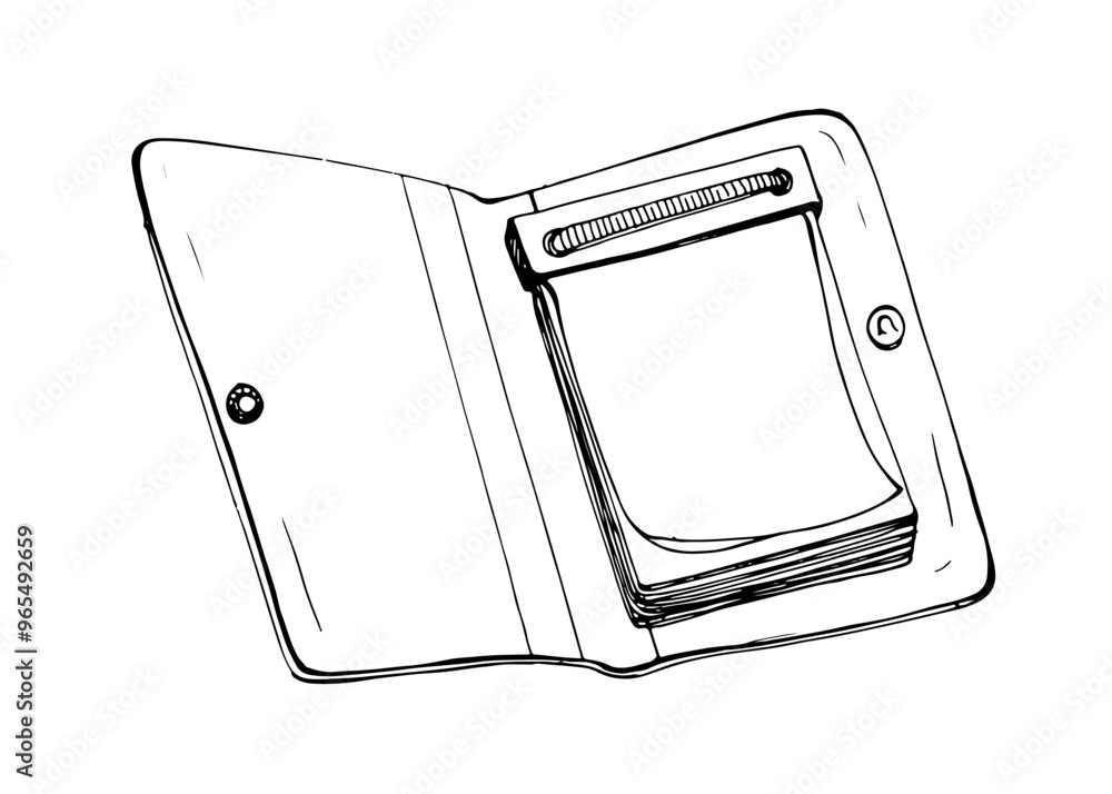 Poster open notebook with tear-off paper sheets, blank pages for notes. memo pad, planner drawn in vintage 