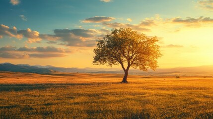 Fototapeta premium A lone tree standing in a vast open field, bathed in golden sunset light, symbolizing solitude and nature's beauty