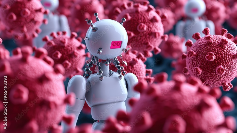 Poster futuristic nanotechnology simulation: microscopic robots repairing cells in