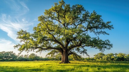 Obraz premium A majestic oak tree with sprawling branches, surrounded by lush green grass and a clear blue sky on a sunny day
