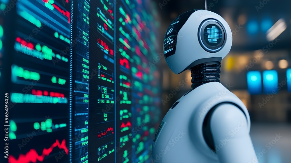 Poster ai robot analyzes financial data on screen