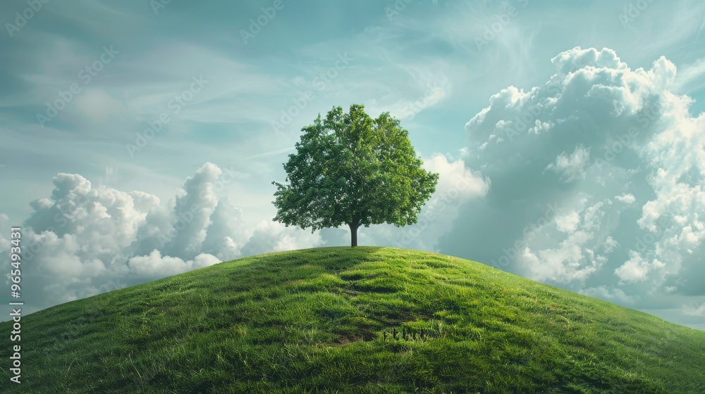 Aufkleber single tree on lush hill with dramatic clouds in the background and room for text