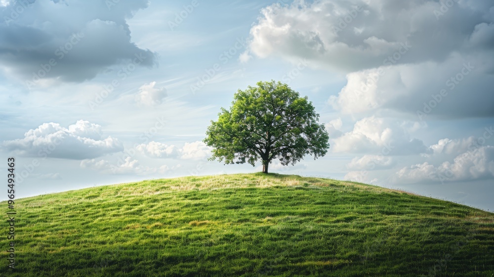 Poster Single tree on lush hill with dramatic clouds in the background and room for text