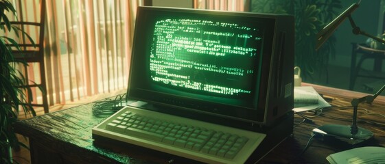 An old computer terminal on a wooden desk, displaying green command-line text, evoking a sense of nostalgia and tech history.
