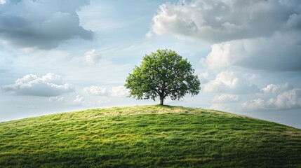 Single tree on lush hill with dramatic clouds in the background and room for text