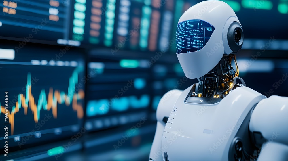 Poster ai robot analyzing data charts, futuristic technology