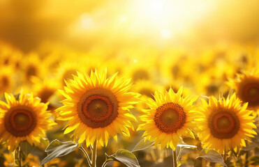 Fototapeta premium Field of sunflowers in the golden sunset time. Created with Ai