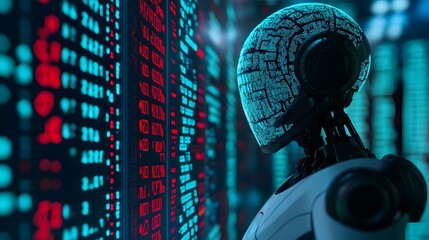 AI Robot Analyzing Data on Digital Display