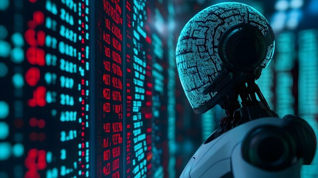 AI Robot Analyzing Data on Digital Display