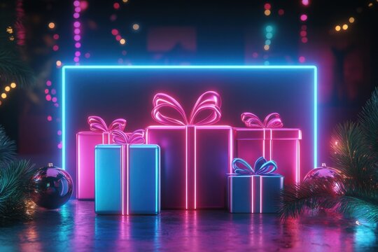 3d representation illustrating cyber monday online purchasing, neon brightness, and radiant gift packages