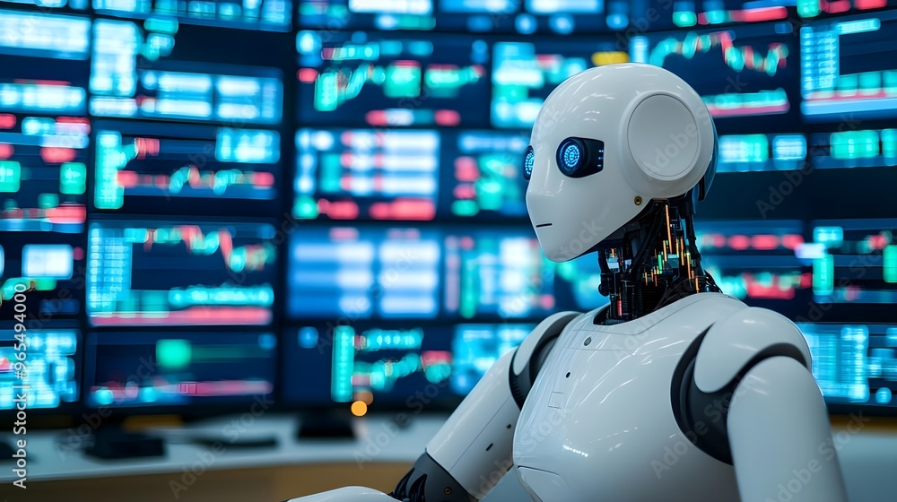 Aufkleber ai robot analyzing data on screens