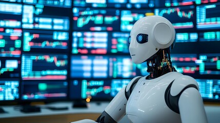 AI Robot Analyzing Data on Screens