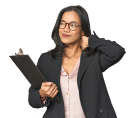 Latina businesswoman holding a report touching back of head, thinking and making a choice.
