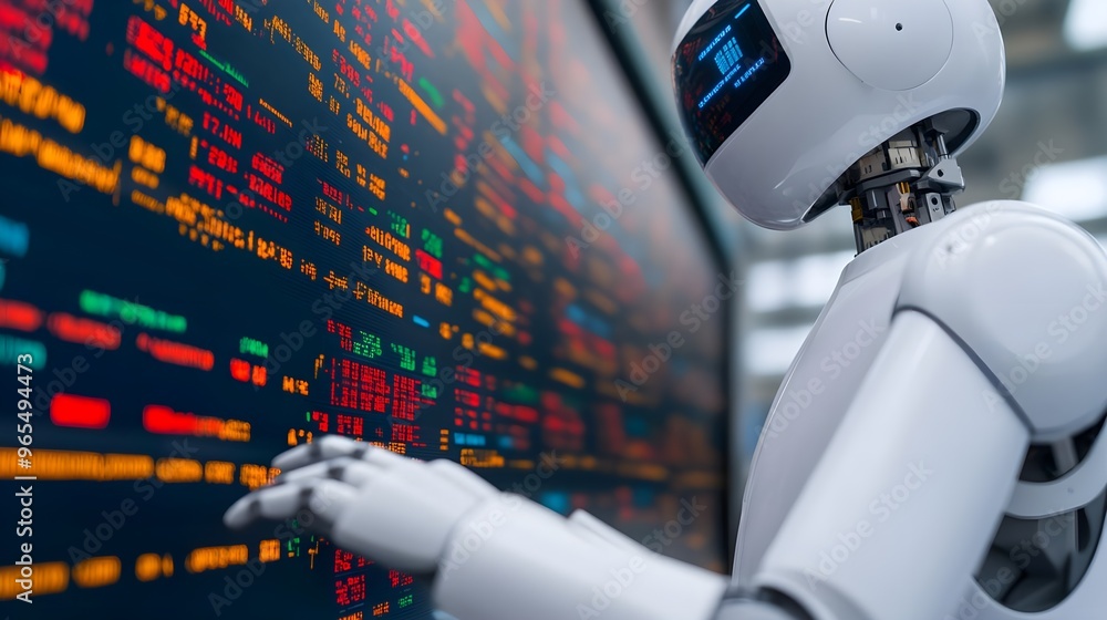 Poster ai robot analyzing data on stock market display