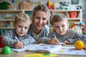 Happy Family Moment with Twins Studying at Home