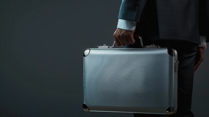 A businessman holding a sleek metallic briefcase against a dark backdrop, embodying professionalism and confidence.