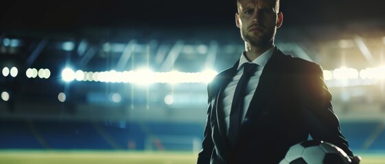 A determined man in a business suit holds a soccer ball on a dimly lit stadium field, blending professionalism with sport.