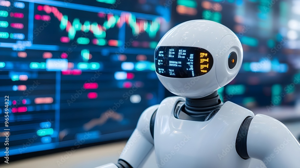 Poster ai robot analyzing data on stock market screen