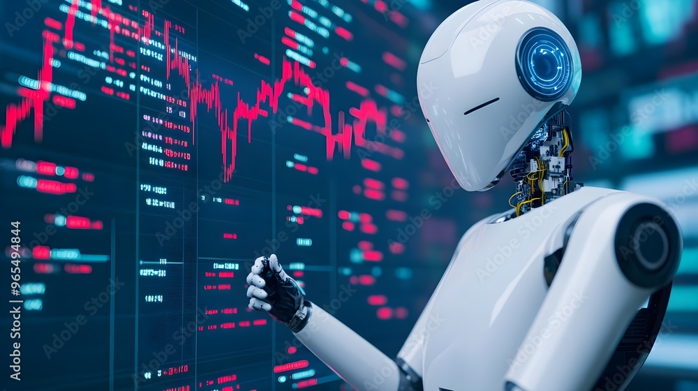 Poster ai robot analyzing data on stock market screen