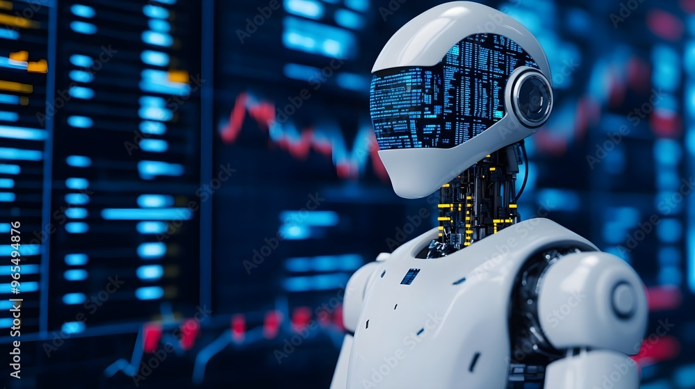 Poster ai robot analyzing data on stock market screen