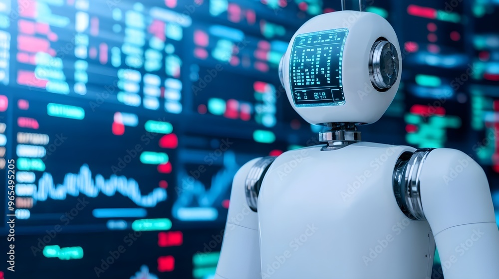 Poster ai robot analyzing data on stock market screen