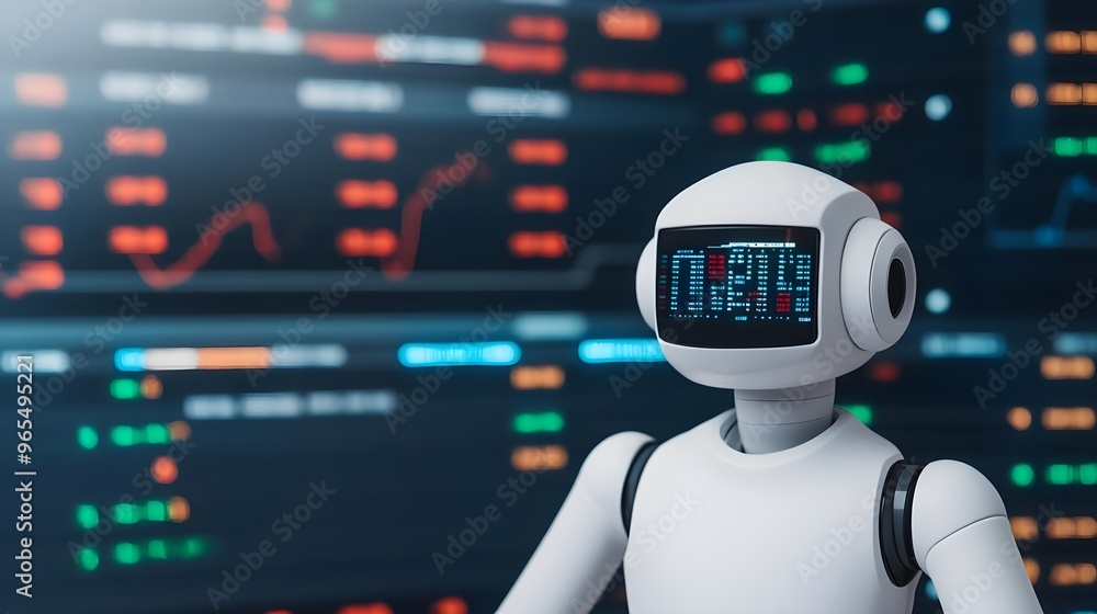 Poster ai robot analyzing data on stock market screen