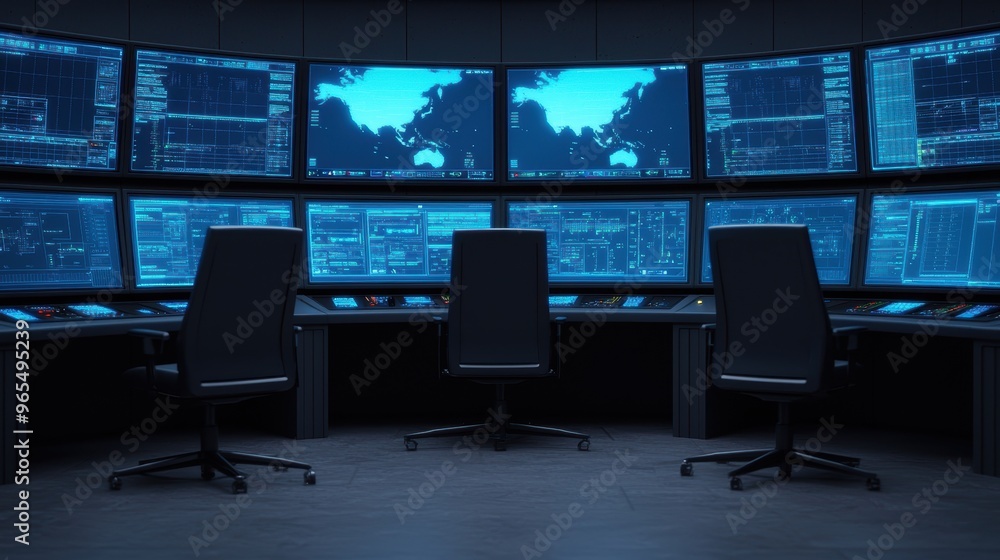 Poster futuristic holographic control room with displays and consoles in simulation