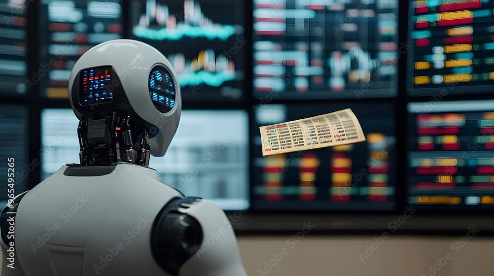Poster ai robot analyzing data on stock market screens