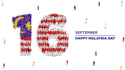 Happy Malaysia Day. A large group of people form to create the number 16 as Malaysia celebrates its Malaysia Day on the 16th of September. 4K Video animation.