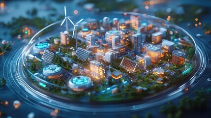 A detailed 3D illustration of a futuristic city powered entirely by renewable energy. Wind turbines, solar panels, and biogas plants are interconnected in a circular system. The design highlights