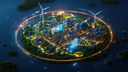 A detailed 3D illustration of a futuristic city powered entirely by renewable energy. Wind turbines, solar panels, and biogas plants are interconnected in a circular system. The design highlights